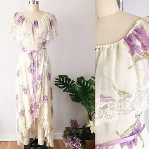 70s Purple Peasant Prairie Dress Ruffle Tiered Boho Chic